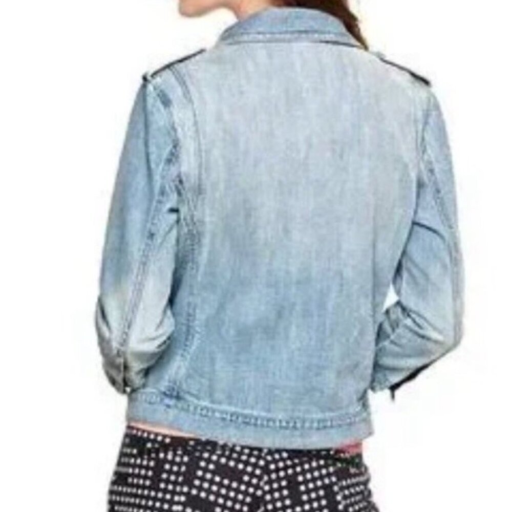 Gap 1969 Women's Sz L Denim Biker Jacket Asymmetrical Zip Beach Wash - Picture 2 of 11